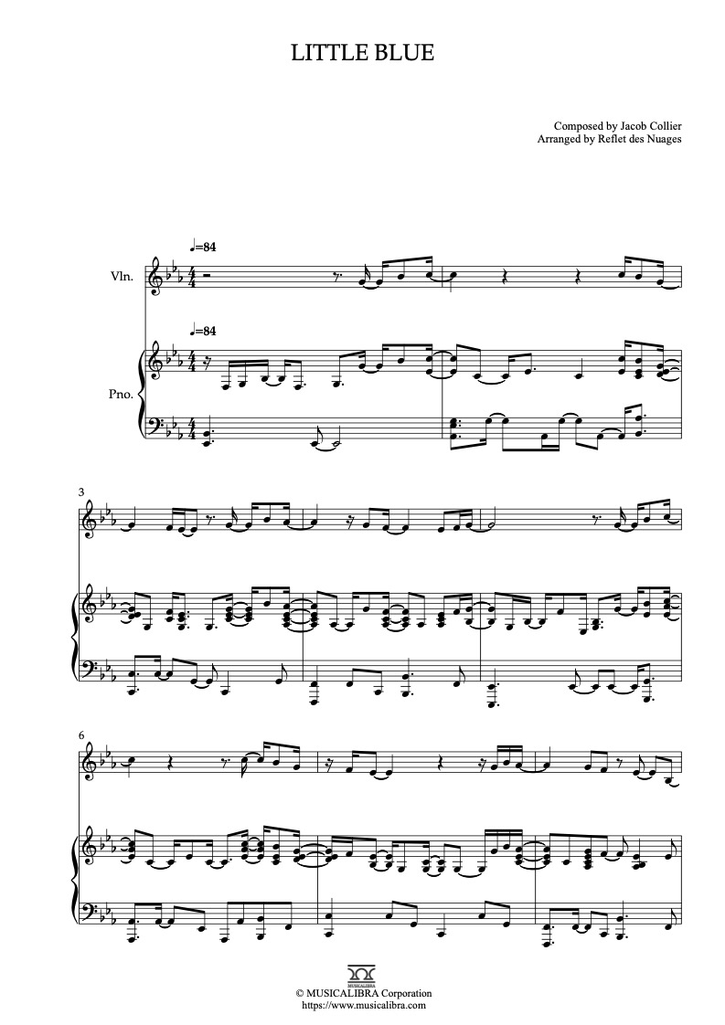 Sheet music of Jacob Collier Little Blue arranged for violin and piano duet chamber ensemble preview page 1