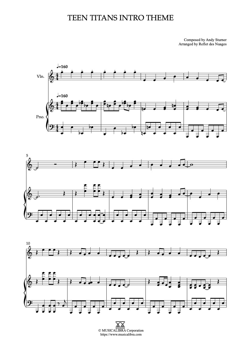 Teen Titans Intro Theme 編曲楽譜 - ヴァイオリン、ピアノデュエット