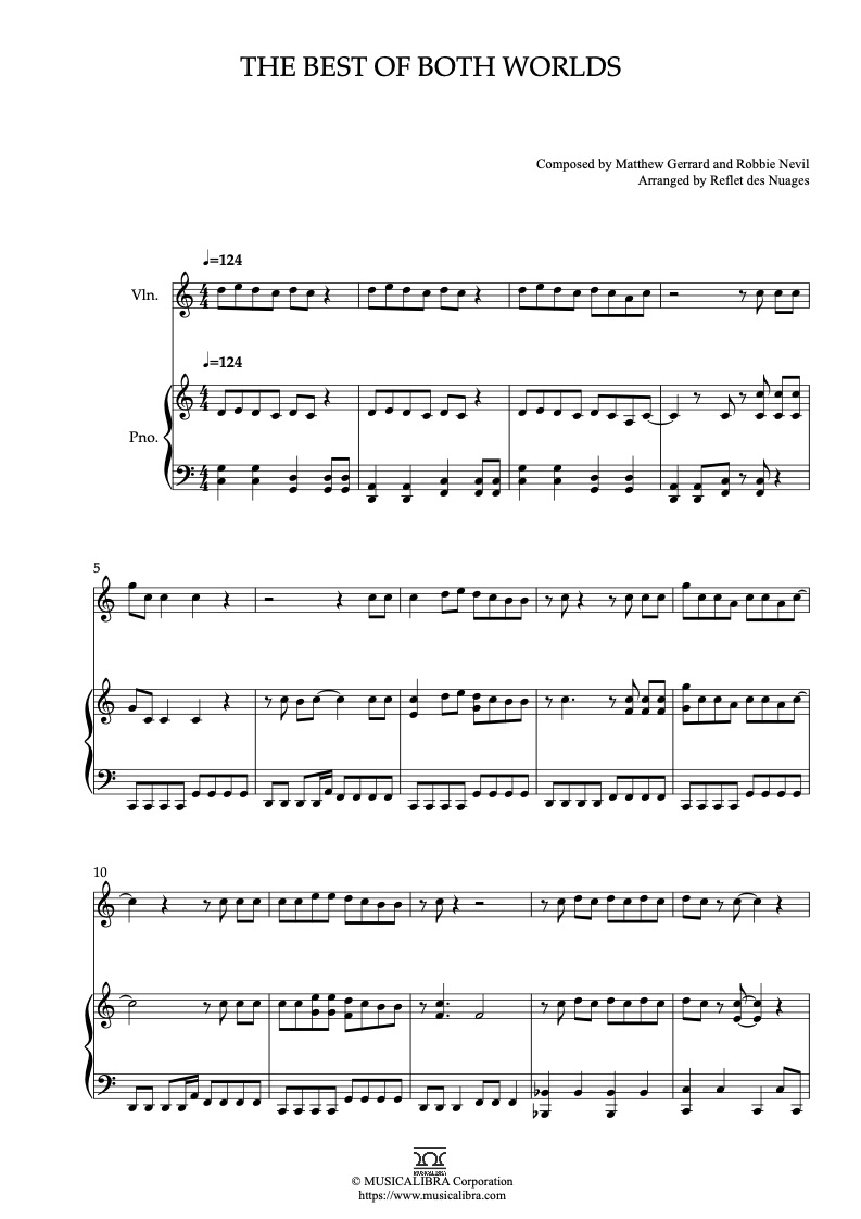 Partitura de Hannah Montana The Best of Both Worlds arreglada para dueto de violín y piano