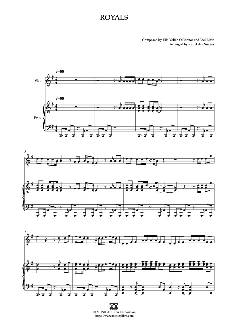 Sheet music of Lorde Royals arranged for violin and piano duet preview page 1