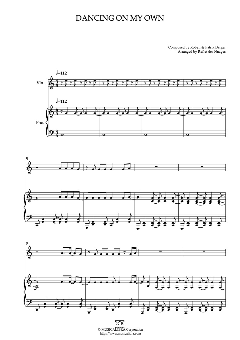Partitura de Robyn Dancing on My Own arreglada para dueto de violín y piano