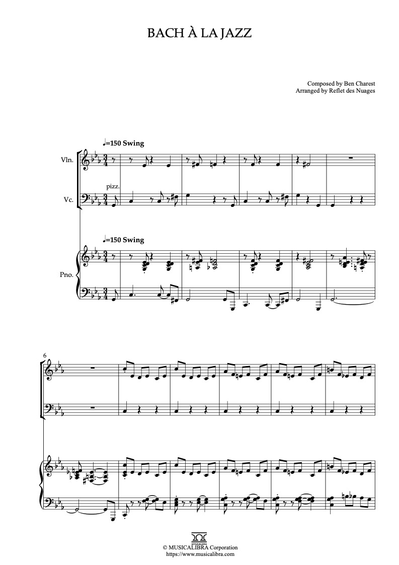 Sheet music of The Triplets of Belleville Bach à la jazz arranged for violin, cello and piano trio chamber ensemble preview page 1