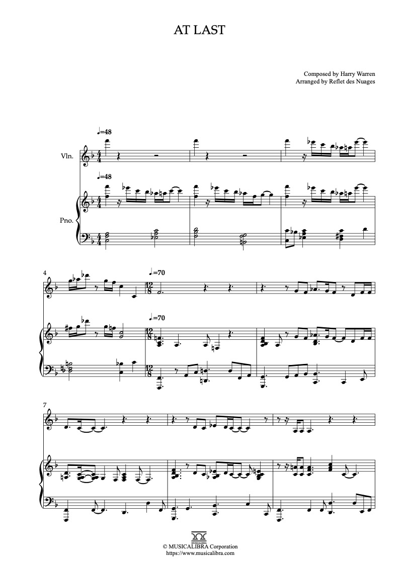 Sheet music of Etta James At Last arranged for violin and piano duet preview page 1