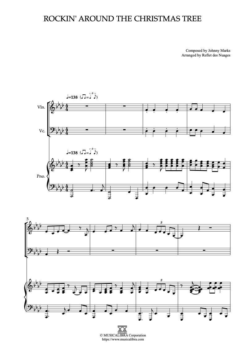 Partitura de brenda lee Rockin' Around the Christmas Tree arreglada para trío de violín, violonchelo y piano