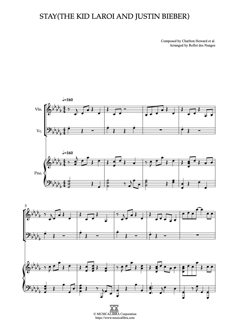 Partitura de The Kid LAROI and Justin Bieber Stay arreglada para trío de violín, violonchelo y piano
