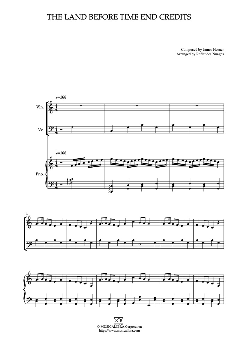 The Land Before Time End Credits 編曲楽譜 - ヴァイオリン、チェロ、ピアノトリオ