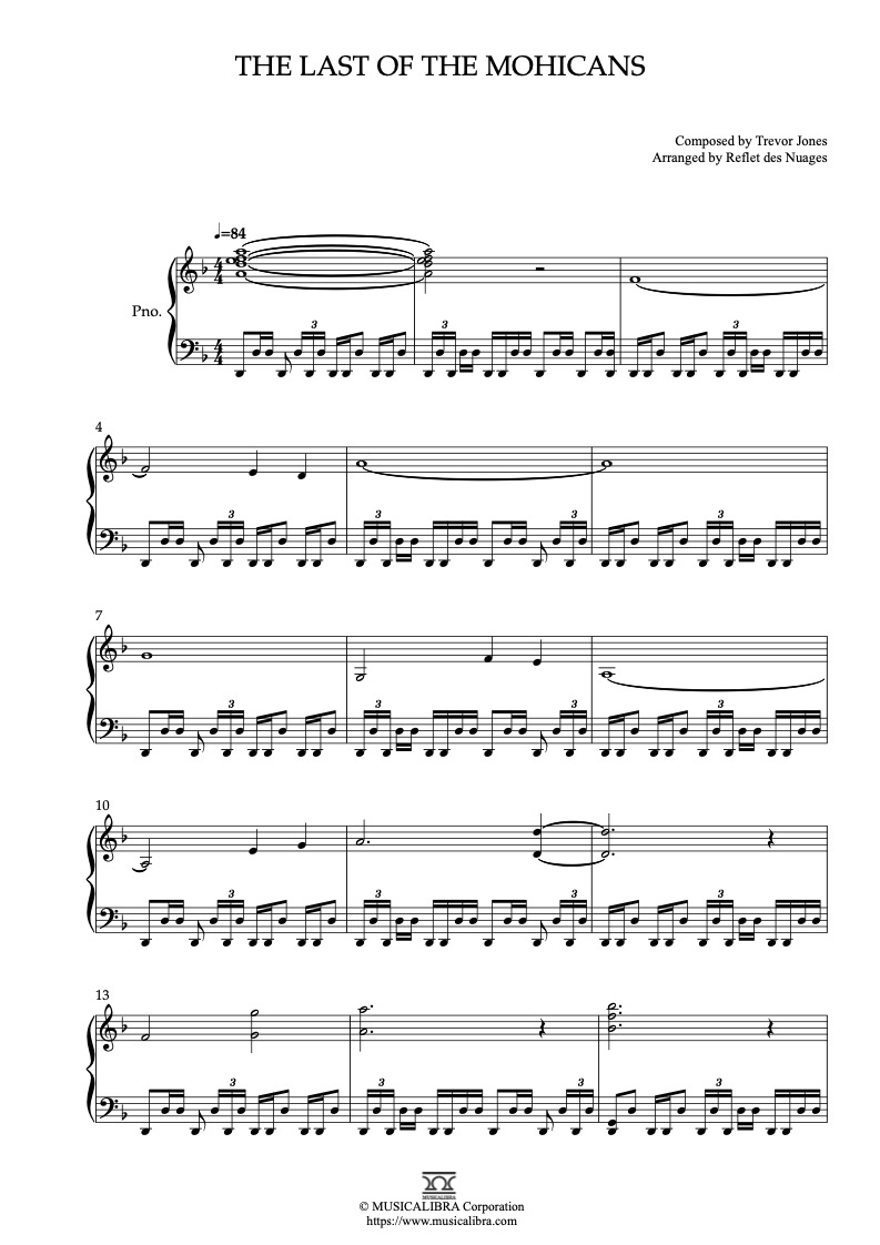 Partitura de The Last of the Mohicans arreglada para piano solo