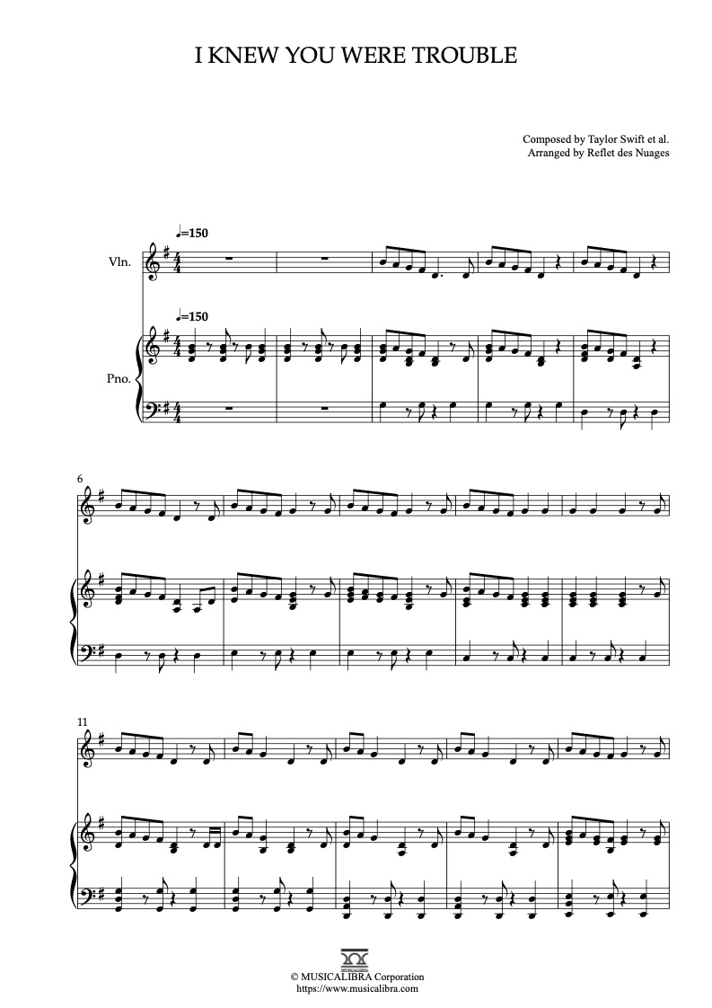 Sheet music of Taylor Swift I Knew You Were Trouble arranged for violin and piano duet chamber ensemble preview page 1