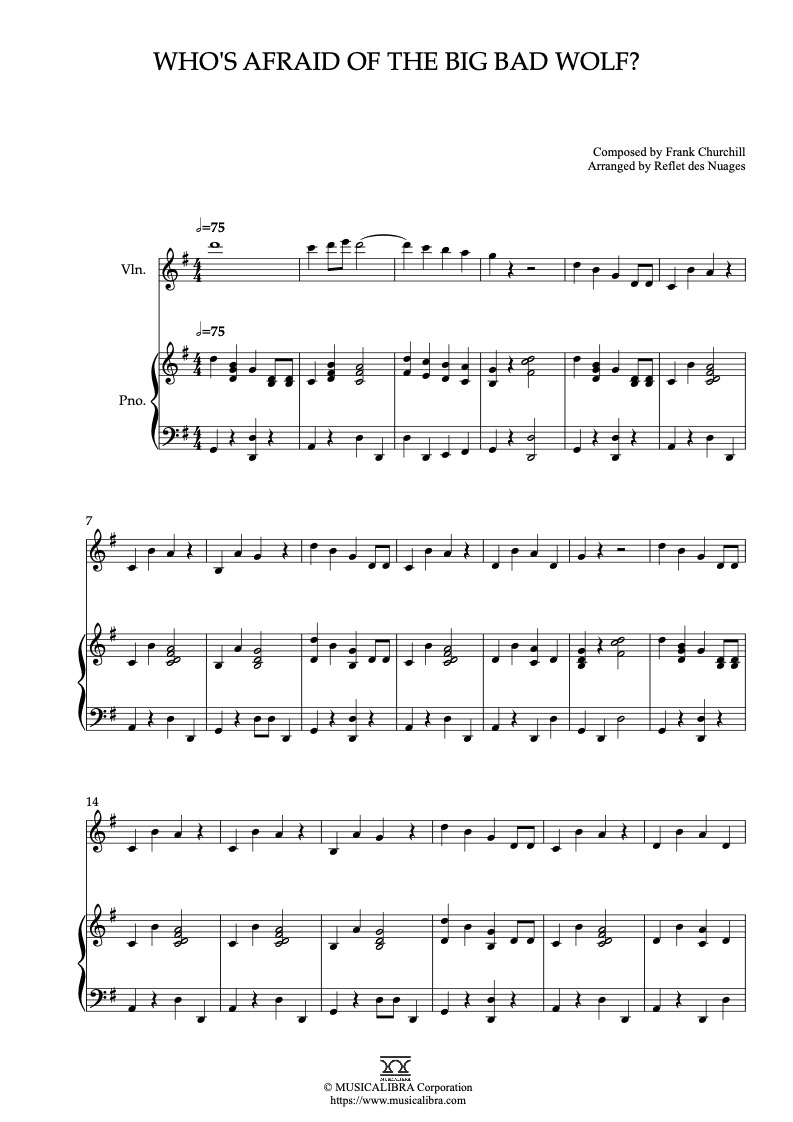 Sheet music of Three Little Pigs Who’s Afraid of the Big Bad Wolf? arranged for violin and piano duet chamber ensemble preview page 1