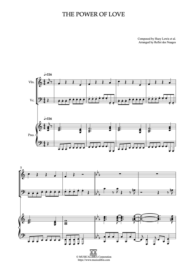 Partitura de Huey Lewis The Power of Love arreglada para trío de violín, violonchelo y piano