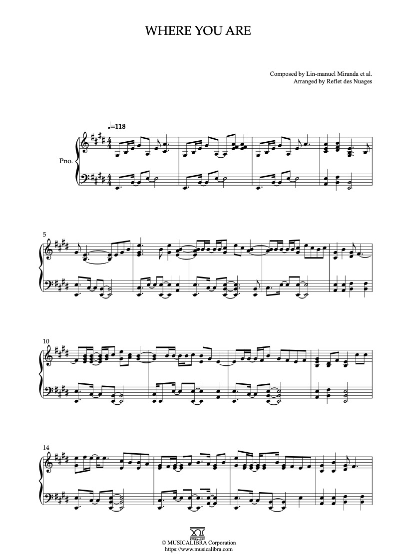 Sheet music of Moana Where You Are arranged for piano solo preview page 1