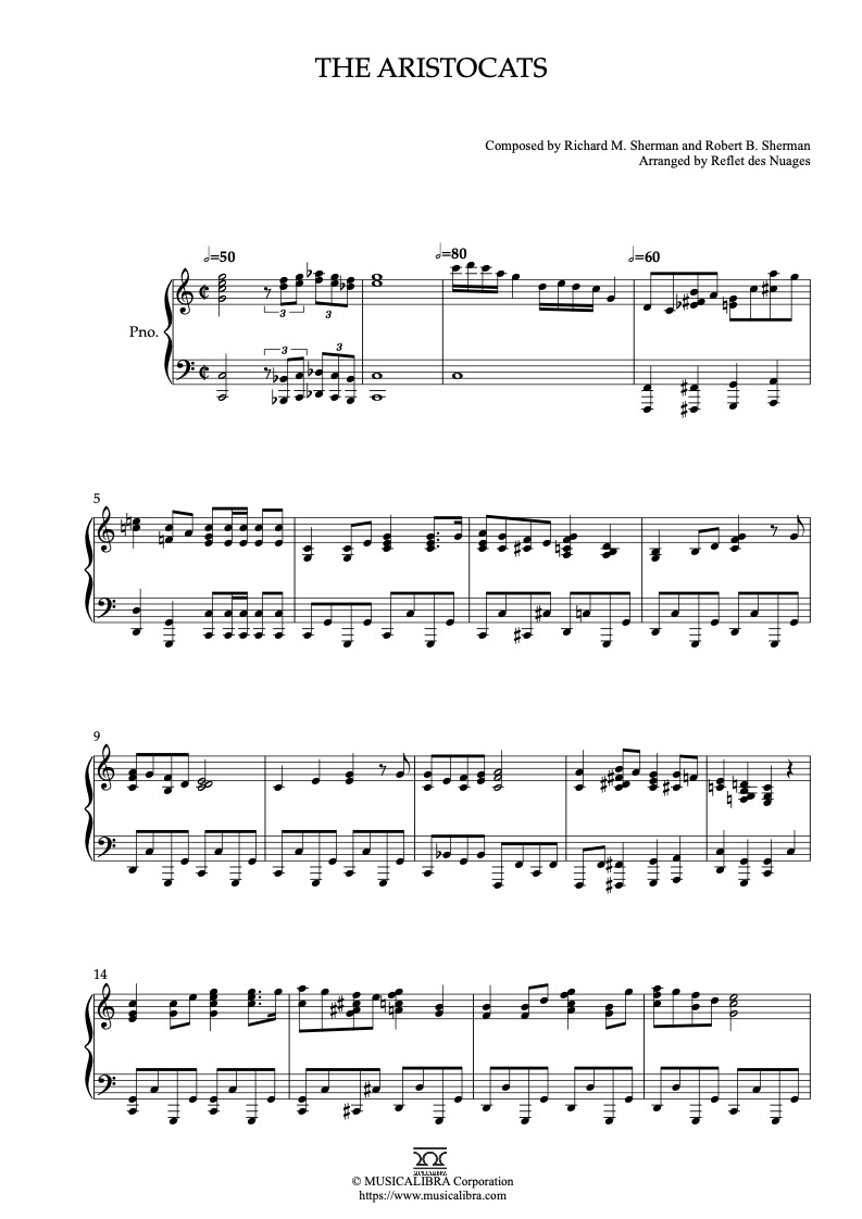 Partitura de The Aristocats arreglada para piano solo