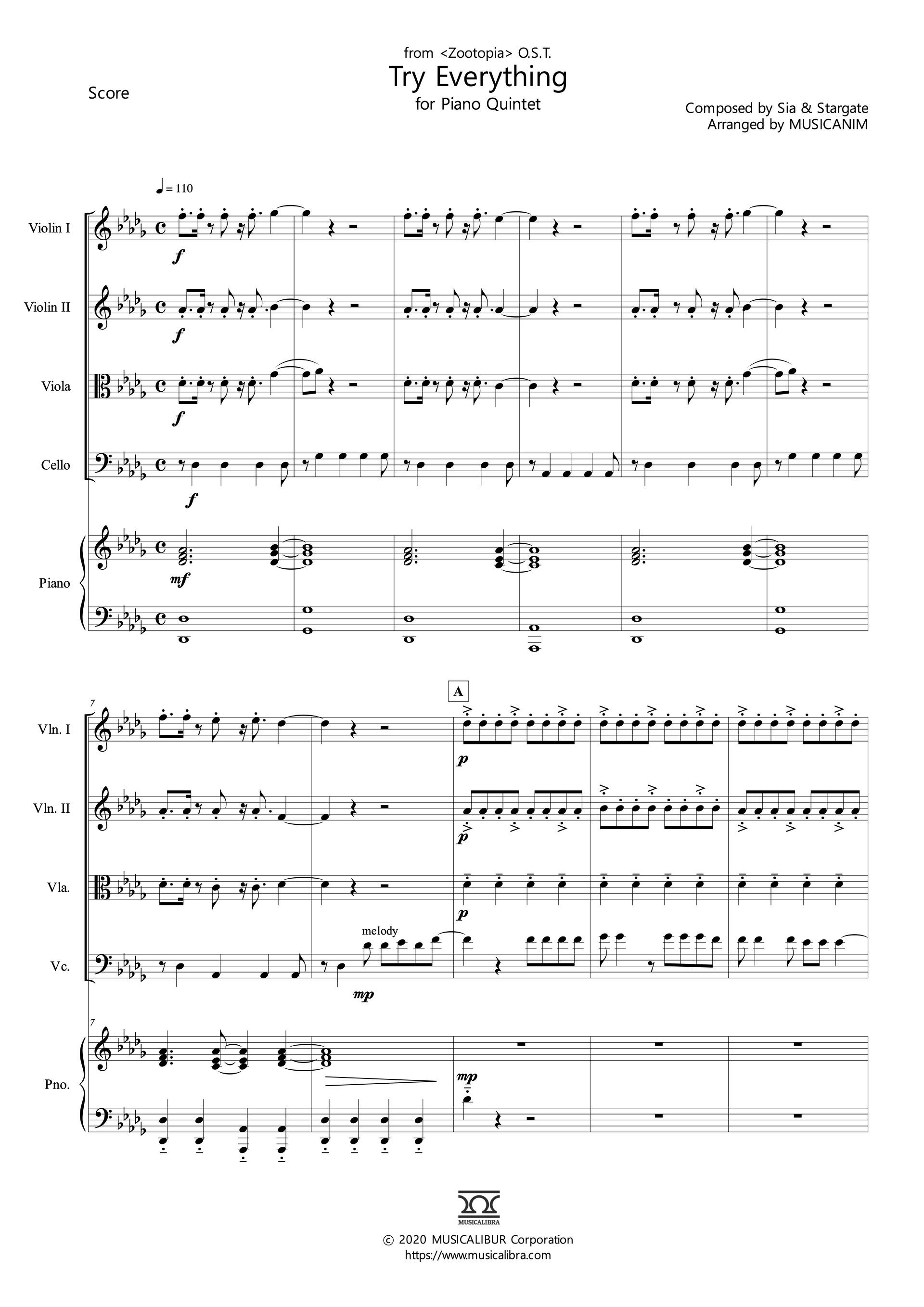 Sheet music of Try Everything from Zootopia arranged for violins, viola, cello and piano quintet preview page 1