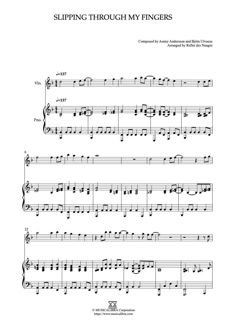 Sheet music of ABBA Slipping Through My Fingers arranged for violin and piano duet chamber ensemble preview page 1