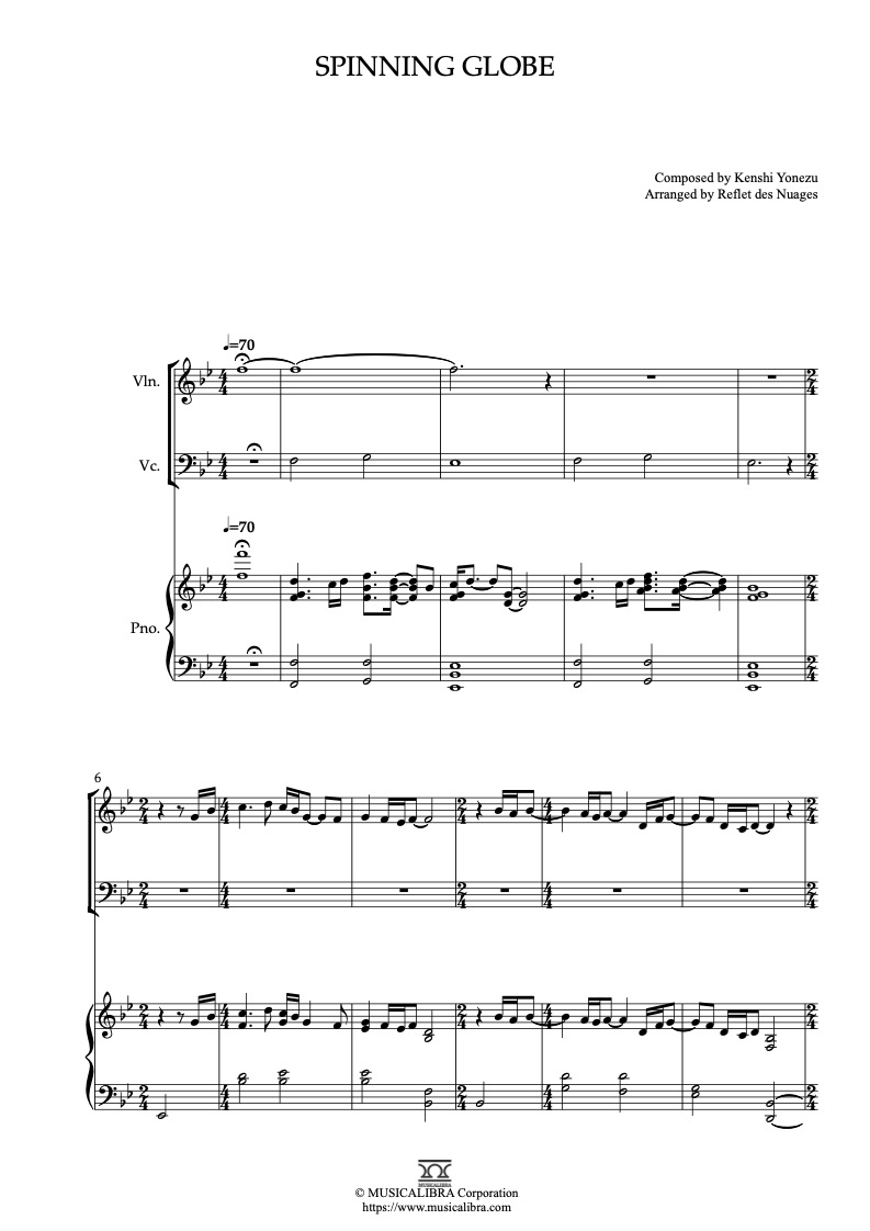 Sheet music of The Boy and the Heron Spinning Globe arranged for violin, cello and piano trio chamber ensemble preview page 1