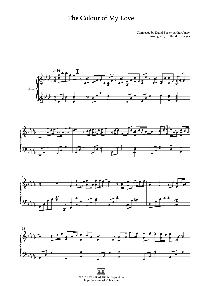 Sheet music of Celine Dion The Colour of My Love arranged for piano solo preview page 1