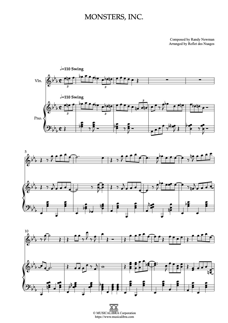 Partitura de Monsters, Inc. arreglada para dueto de violín y piano