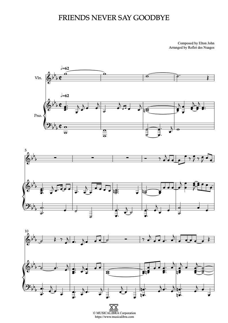 Partitura de The Road to El Dorado Friends Never Say Goodbye arreglada para dueto de violín y piano