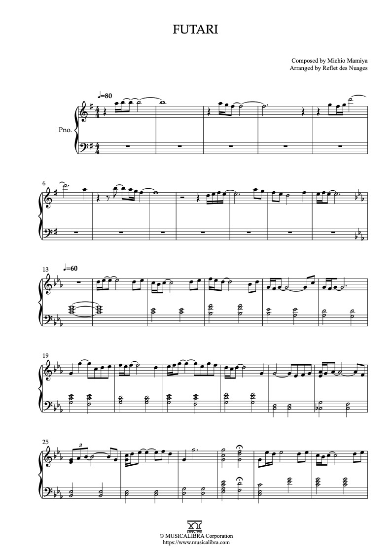 Sheet music of Grave of the Fireflies Futari arranged for piano solo preview page 1