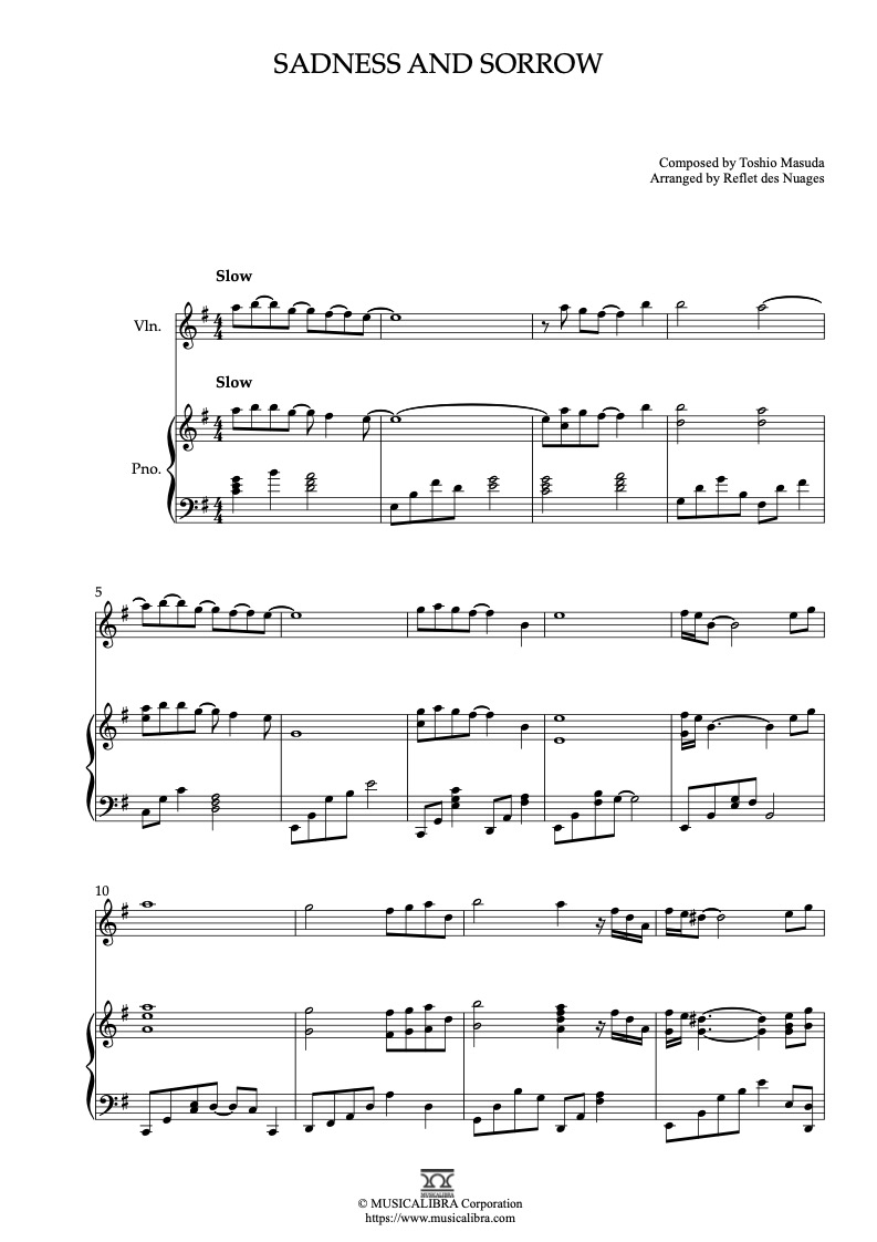 Partitura de Sadness and Sorrow arreglada para dueto de violín y piano