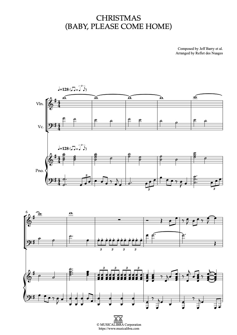 Sheet music of Jeff Barry Christmas(Baby, Please Come Home) arranged for violin, cello and piano trio chamber ensemble preview page 1
