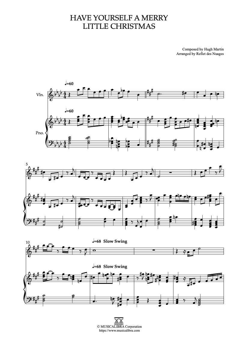 Michael Bublé Have Yourself a Merry Little Christmas 編曲楽譜 - ヴァイオリン、ピアノデュエット