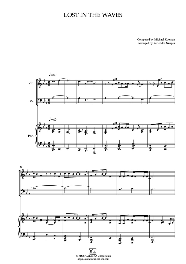 Partitura de Kooman & Dimond Lost in the Waves arreglada para trío de violín, violonchelo y piano