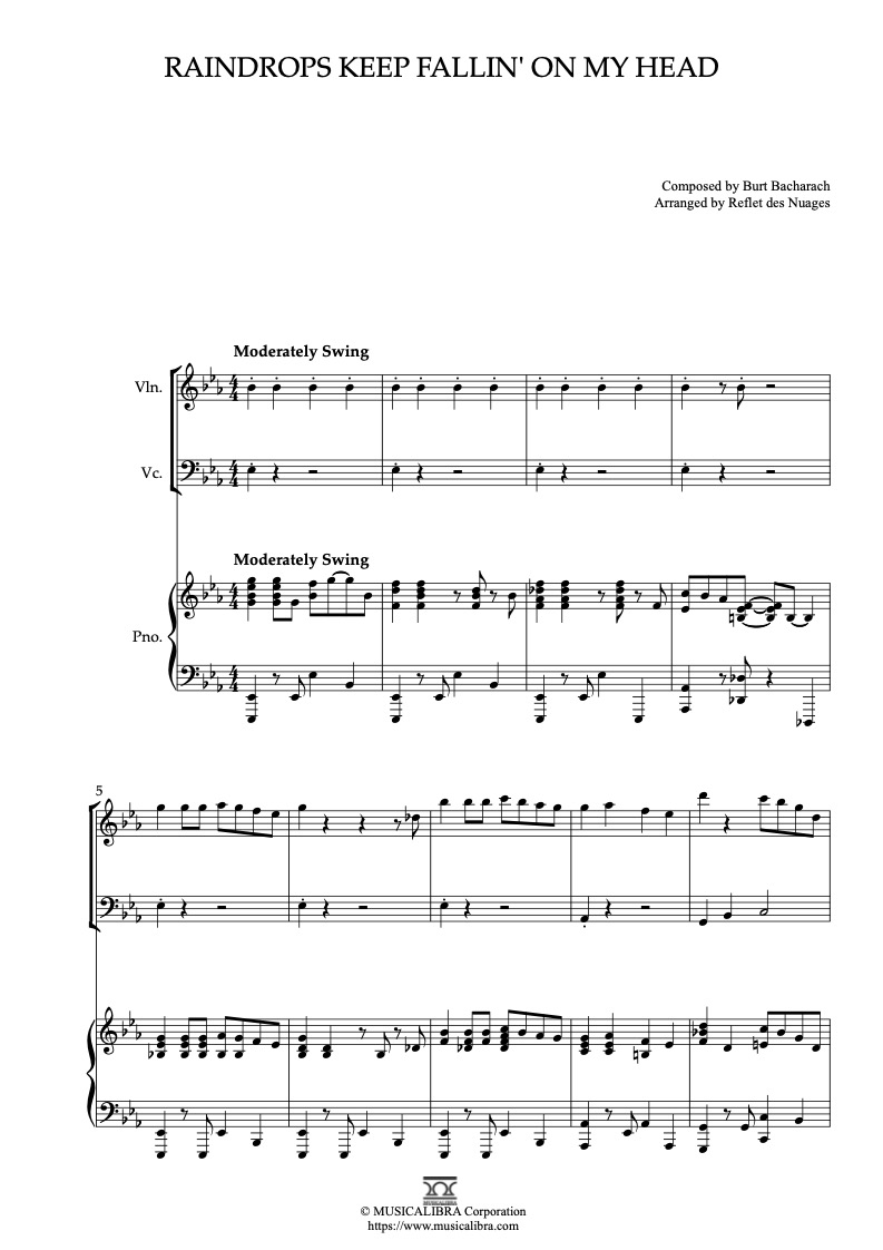 Raindrops Keep Fallin' on My Head 三重奏 乐谱 - 小提琴, 大提琴, 钢琴