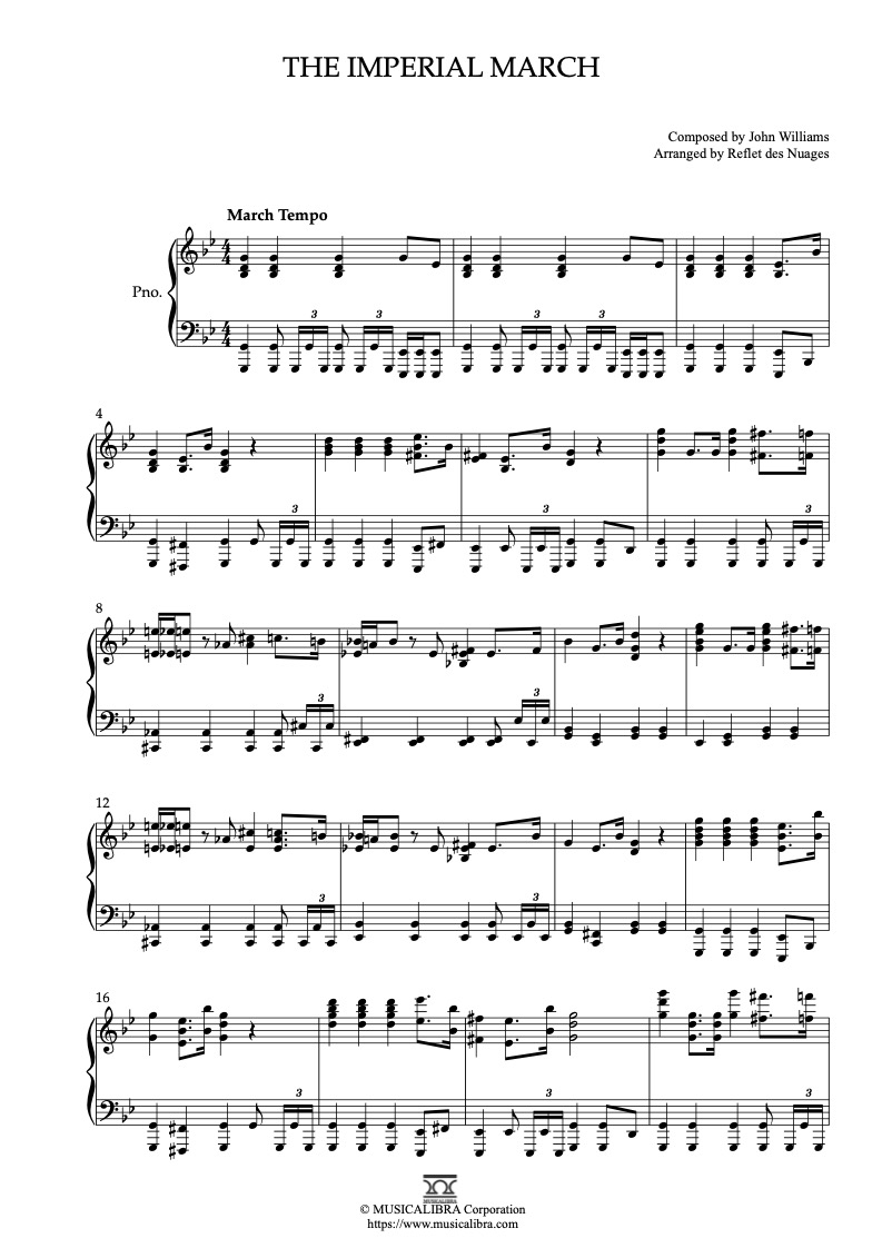 Partitura de Star Wars The Imperial March arreglada para piano solo