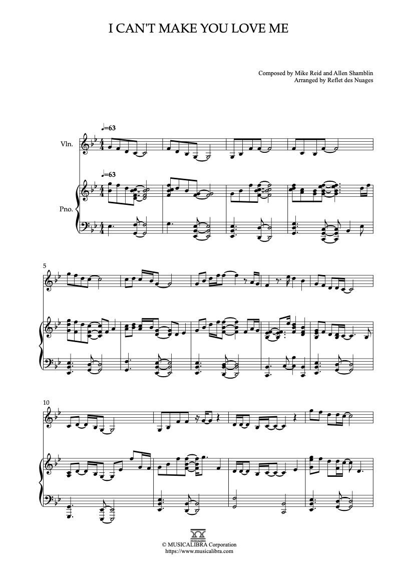 Partitura de I Can't Make You Love Me arreglada para dueto de violín y piano