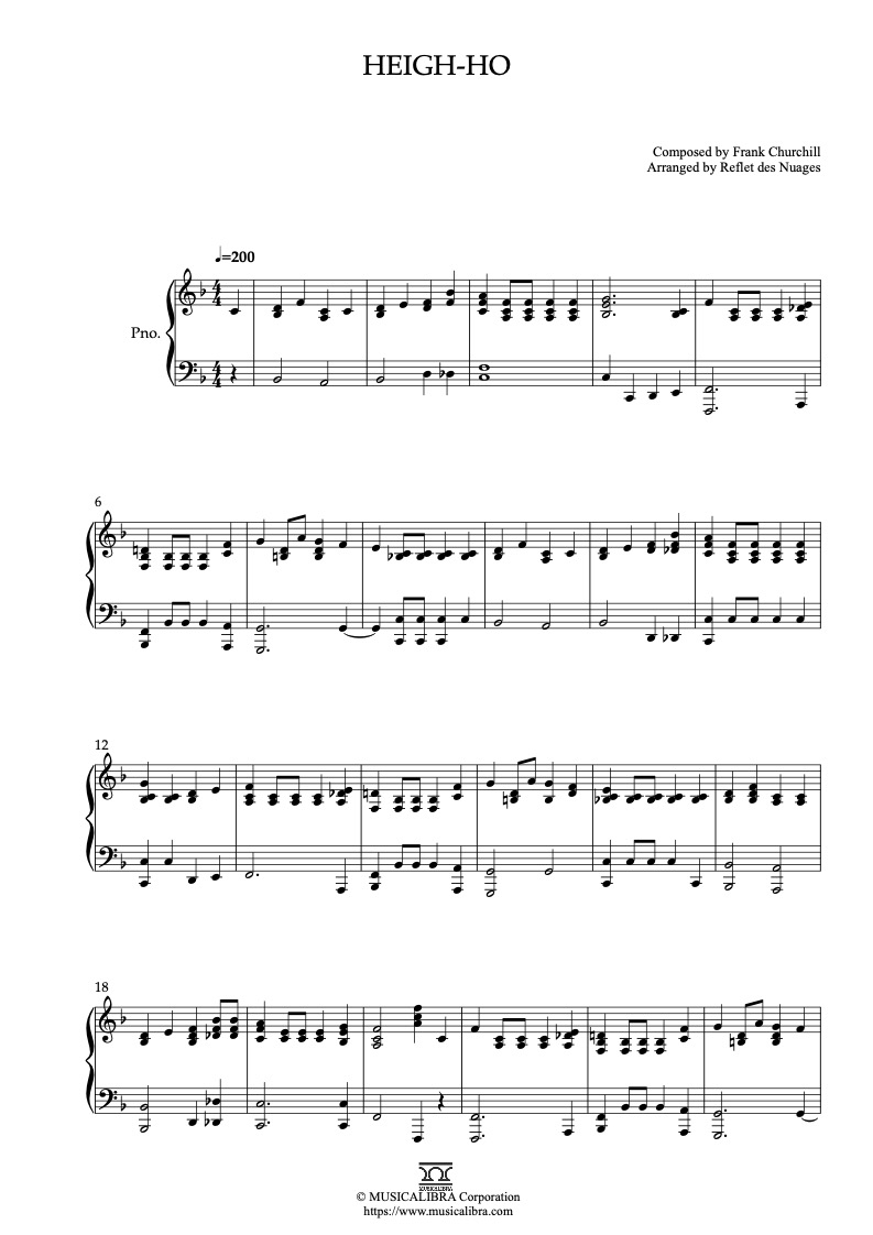 Snow White and the Seven Dwarfs Heigh-Ho ピアノソロ 編曲 楽譜