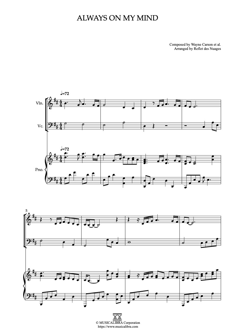 Sheet music of Always on My Mind arranged for violin, cello and piano trio chamber ensemble preview page 1