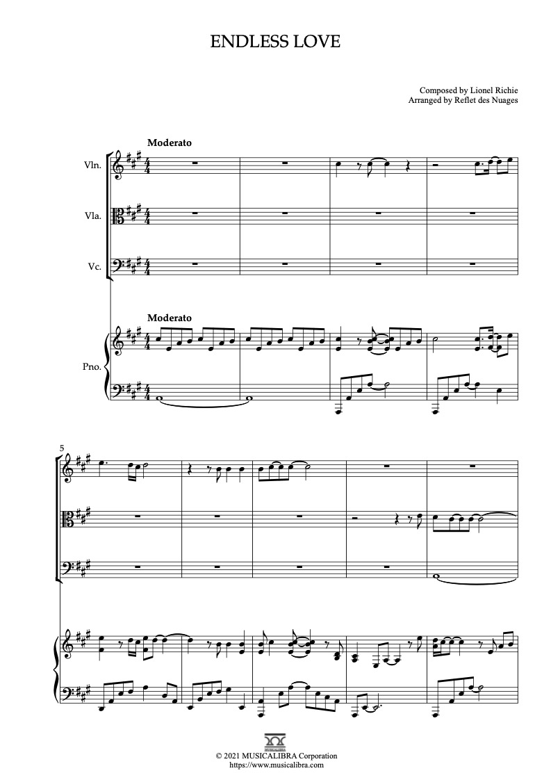 Partitura de Endless Love(Diana Ross, Lionel Richie) arreglada para cuarteto de violín, viola, violonchelo y piano