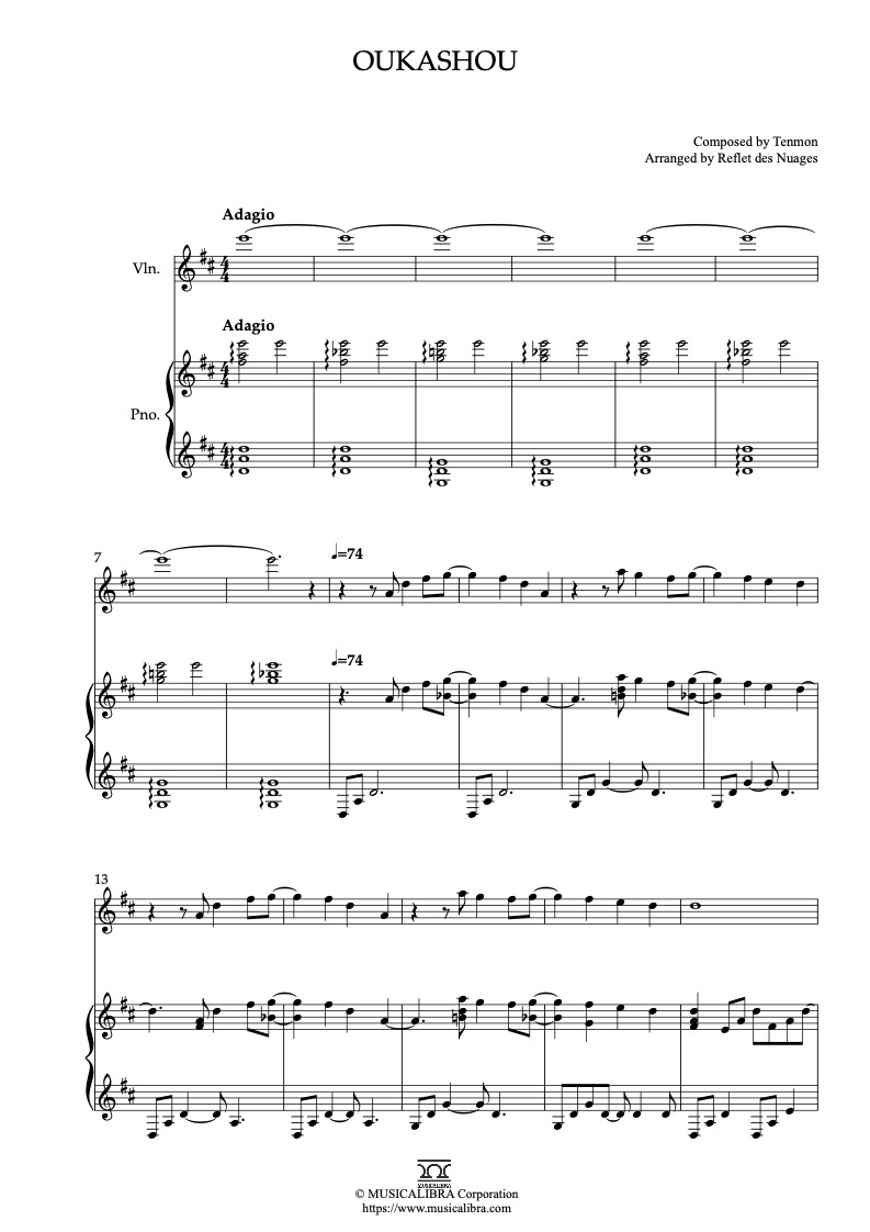 Partitura de 5 Centimeter per Second Oukashou arreglada para dueto de violín y piano