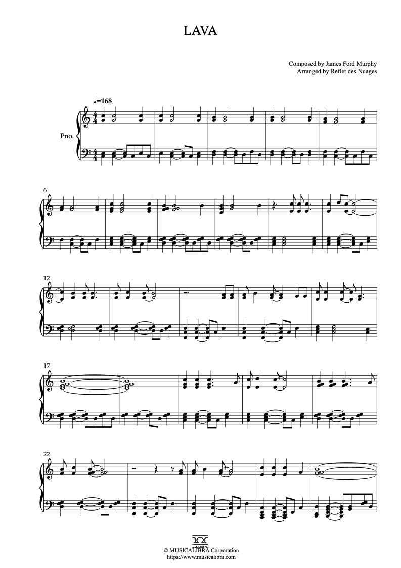 Partitura de Lava arreglada para piano solo