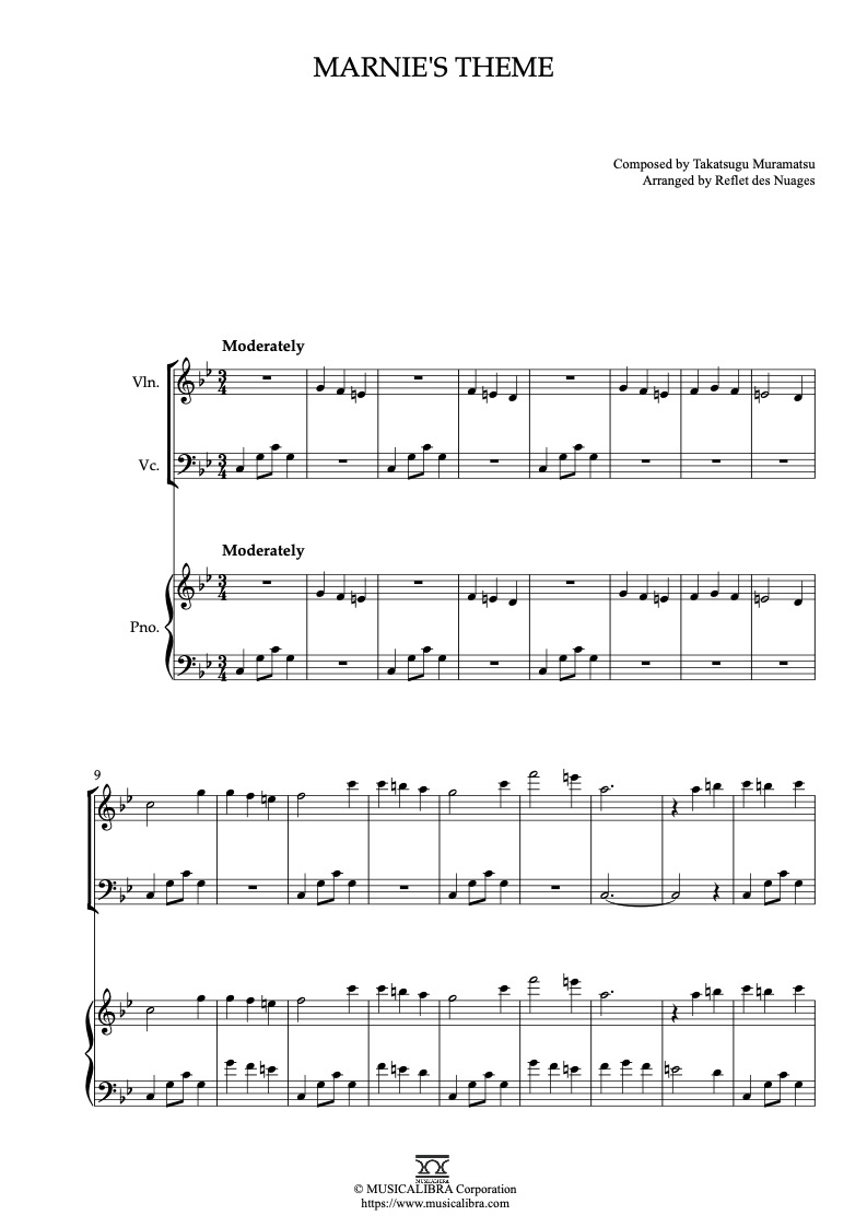 Partitura de When Marnie Was There Marnie's Theme arreglada para trío de violín, violonchelo y piano