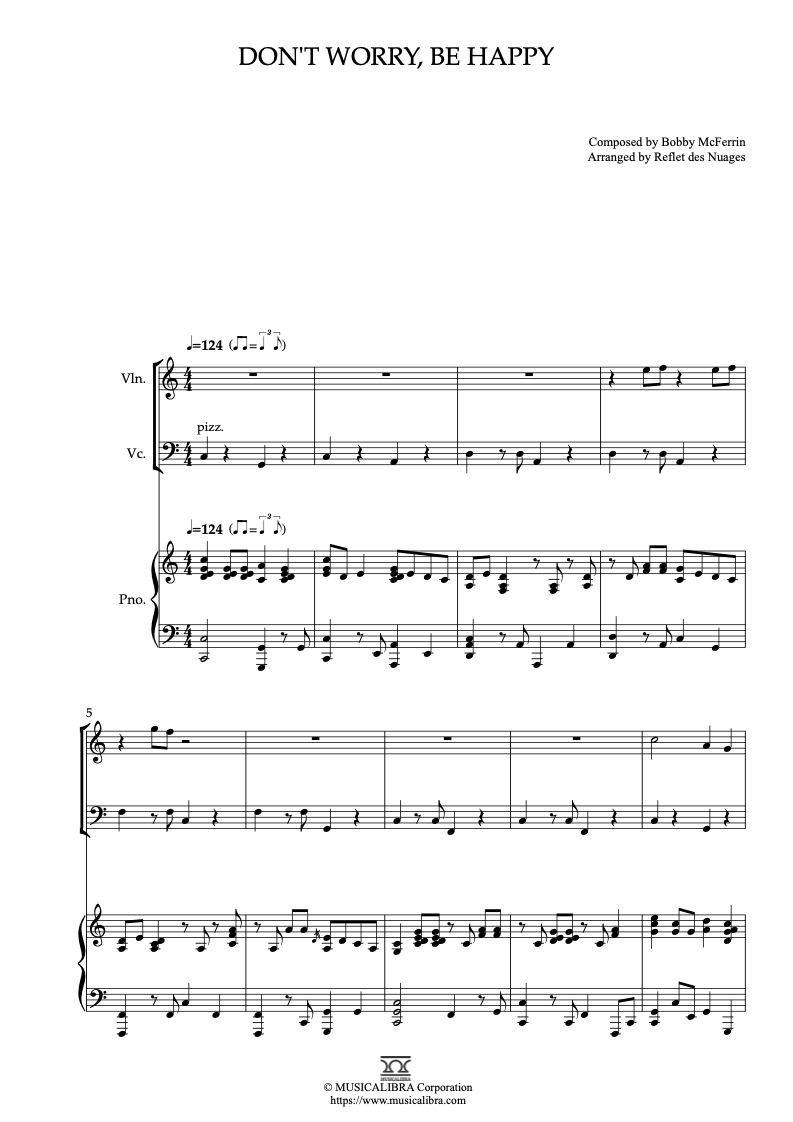 Partitura de Don't Worry, Be Happy arreglada para trío de violín, violonchelo y piano