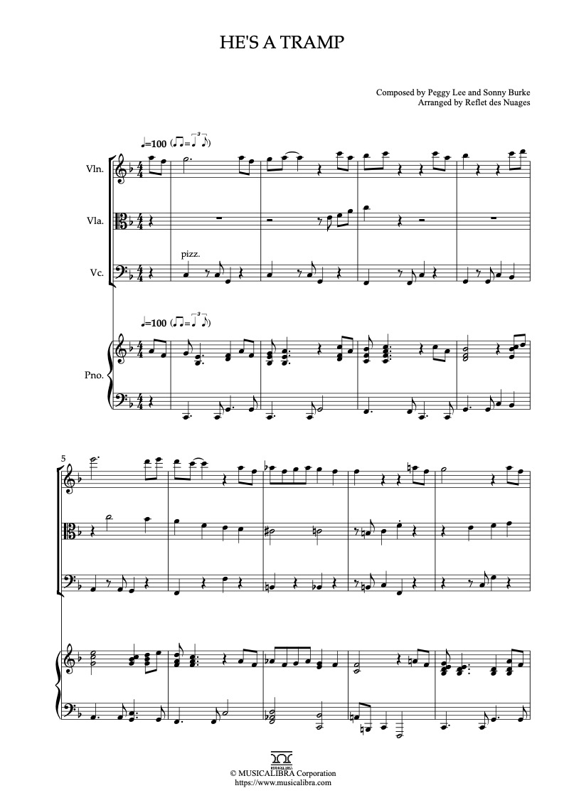 Lady and the Tramp He's a Tramp 編曲楽譜 - ヴァイオリン、ビオラ、チェロ、ピアノ 室内楽 アンサンブル