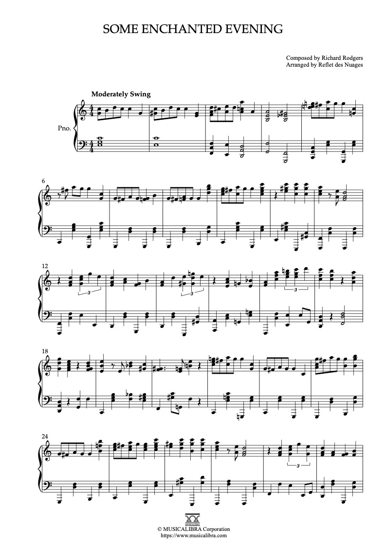 Sheet music of South Pacific Some Enchanted Evening arranged for piano solo preview page 1