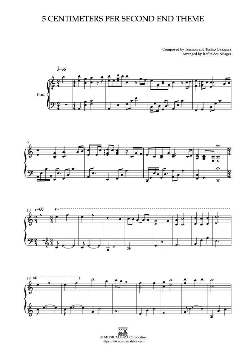 Partitura de 5 Centimeters Per Second End Theme arreglada para piano solo