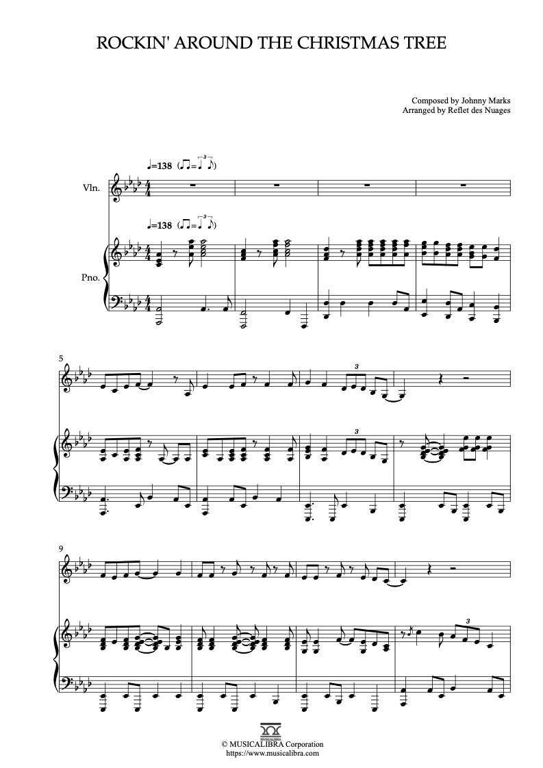 Sheet music of brenda lee Rockin' Around the Christmas Tree arranged for violin and piano duet preview page 1