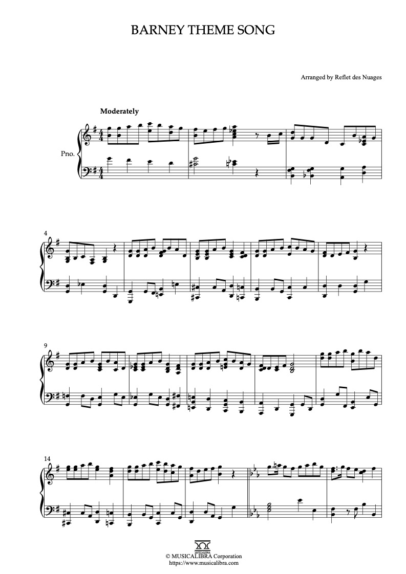 Partitura de Barney Theme Song arreglada para piano solo