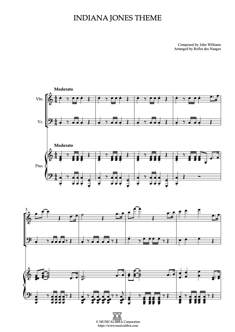 Sheet music of Indiana Jones Theme arranged for violin, cello and piano trio chamber ensemble preview page 1