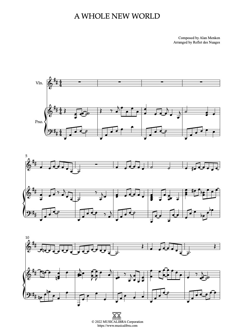 알라딘 Aladdin A Whole New World 바이올린 피아노 듀엣 실내악 앙상블 편곡 악보