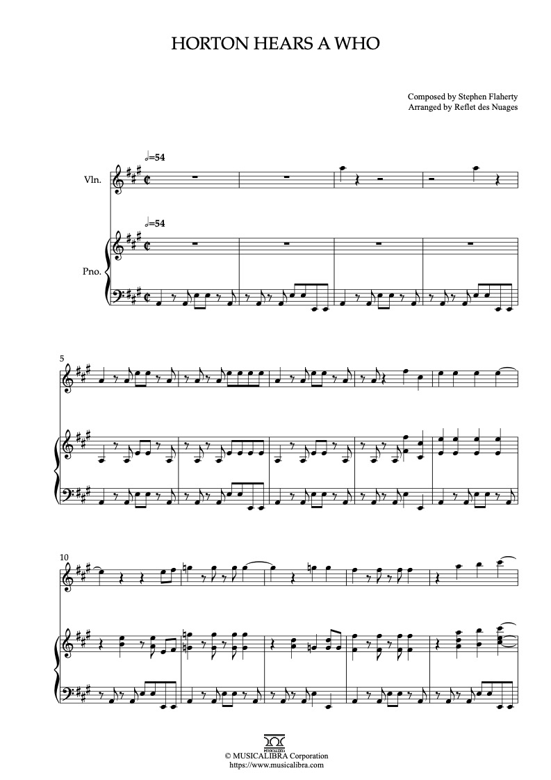 Partitura de Horton Hears a Who arreglada para dueto de violín y piano