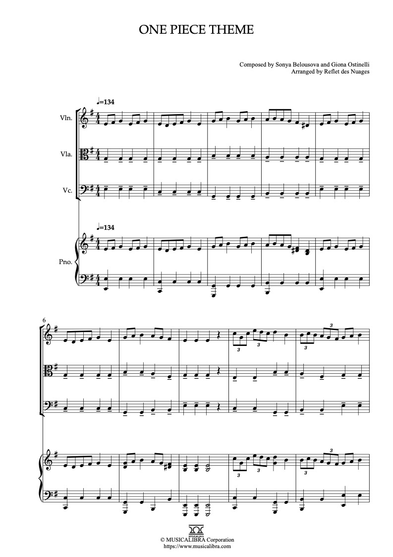 Sheet music of One Piece Theme arranged for violin, viola, cello and piano quartet chamber ensemble preview page 1