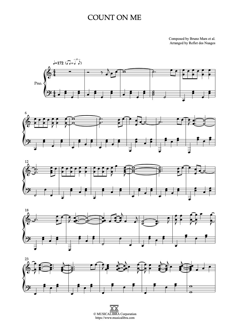 Sheet music of Bruno Mars Count On Me arranged for piano solo preview page 1