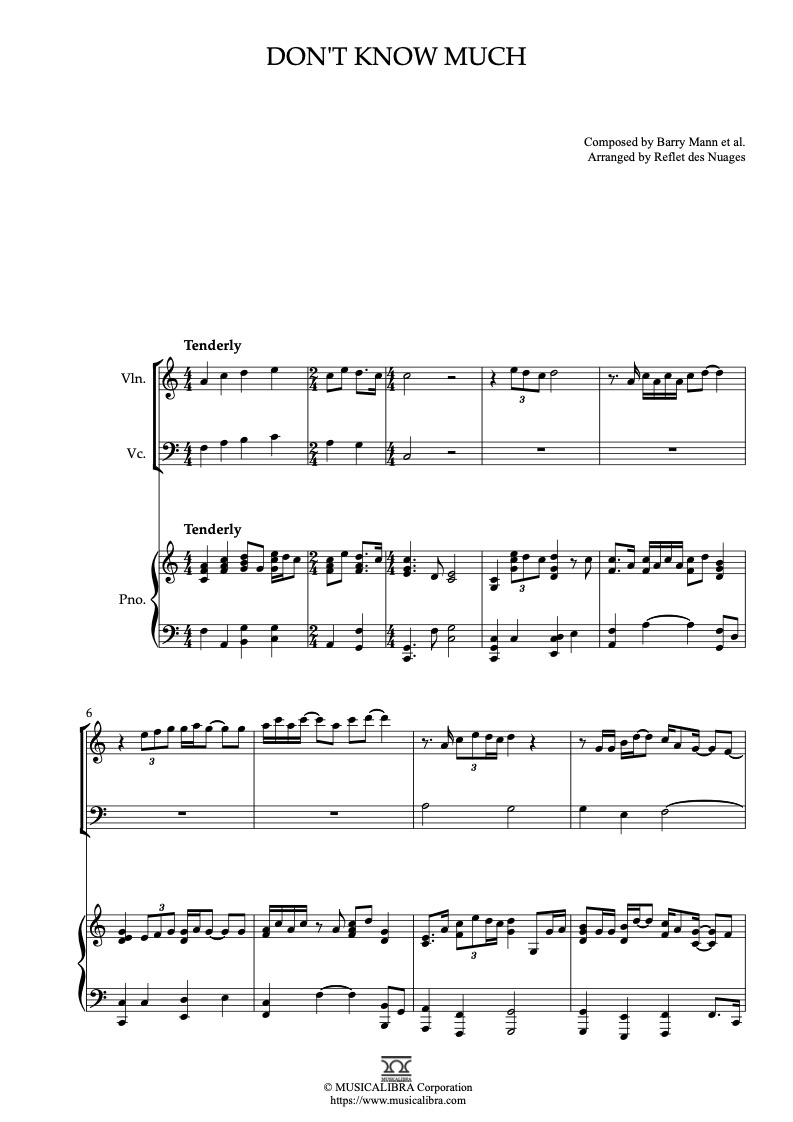 Sheet music of Linda Ronstadt and Aaron Neville Don't Know Much arranged for violin, cello and piano trio chamber ensemble preview page 1