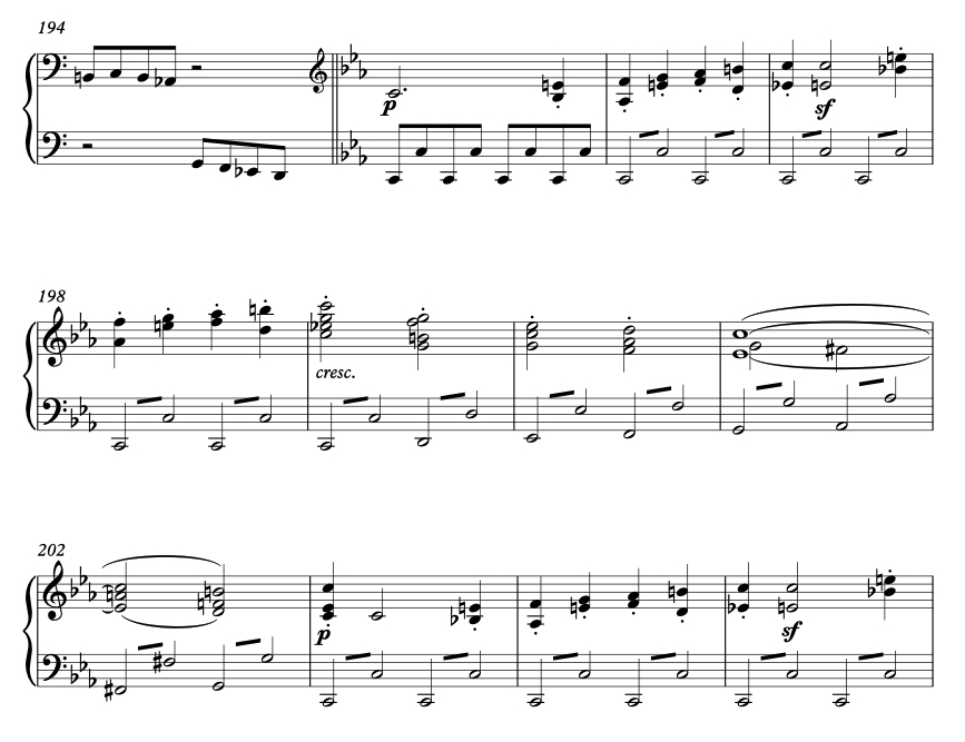 Analysis of Beethoven Piano Sonata No. 8 in C minor, Op. 13, "Sonata Pathétique" - mm. 195 - 205. Recapitulation