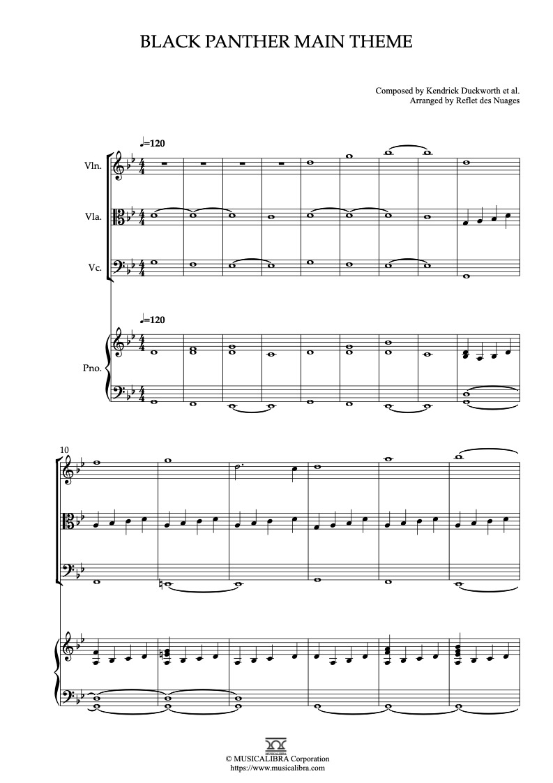 Partitura de Black Panther Main Theme to Yesterday arreglada para cuarteto de violín, viola, violonchelo y piano